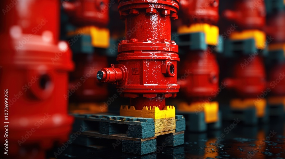 Red Industrial Pipes Stacked on Wooden Pallets at Construction Site Red Industrial Pipes Stacked on Wooden Pallets at Construction Site
