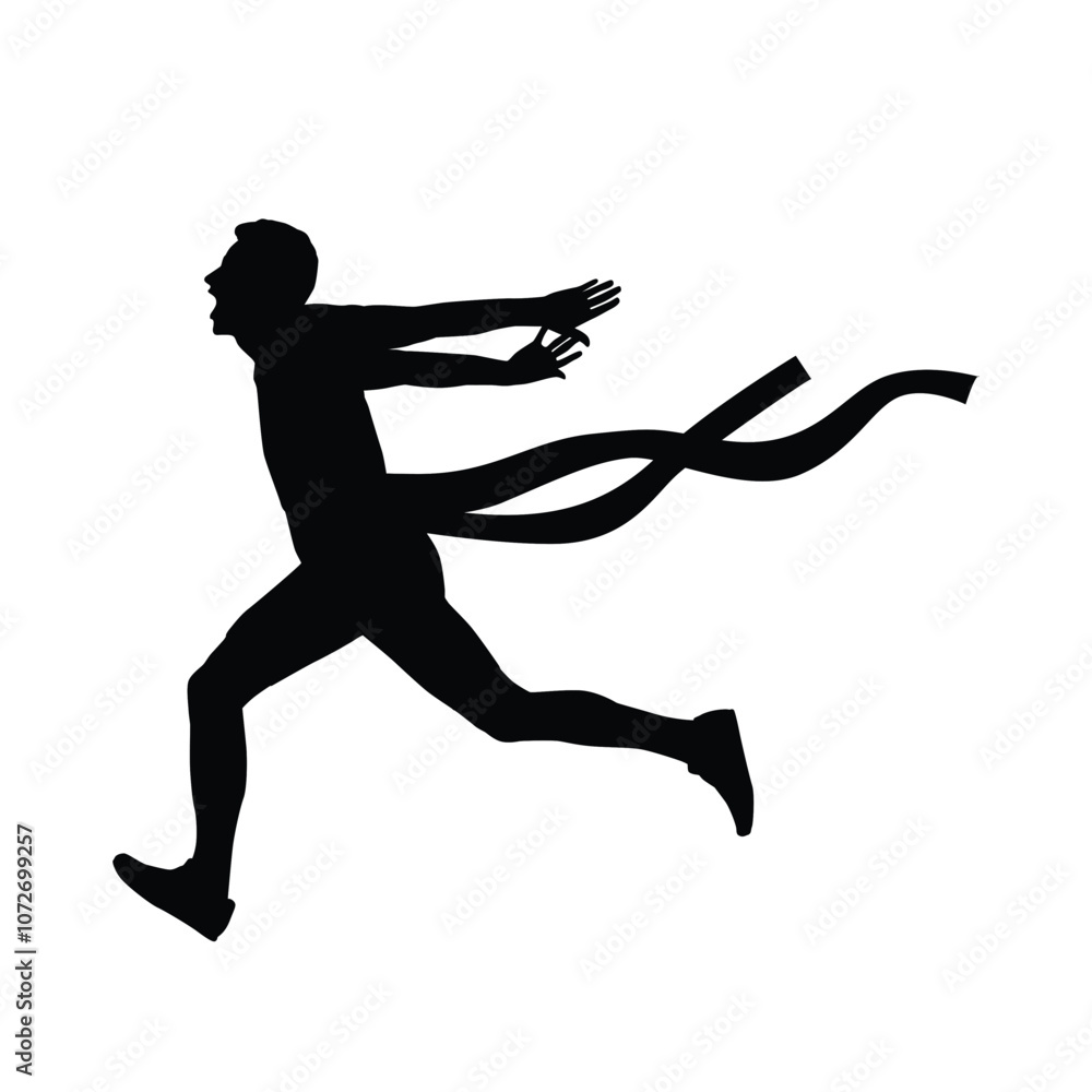 Silhouette of a runner reaching the finish line and winning Silhouette of a runner reaching the finish line and winning