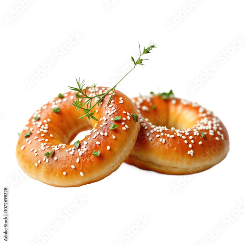 Two sufganiyot, traditional Hanukkah doughnuts, shown on isolated background. Covered in sesame seeds, sprig of plants. Sufganiyot popular holiday treat enjoyed by Jewish families during festival of photo