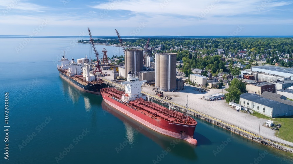 Aerial View of Shipping Dock with Cargo Vessels and Silos Along Calm Waters in a Coastal Town, Showcasing Maritime Industry and Transportation Activities Aerial View of Shipping Dock with Cargo Vessels and Silos Along Calm Waters in a Coastal Town, Showcasing Maritime Industry and Transportation Activities