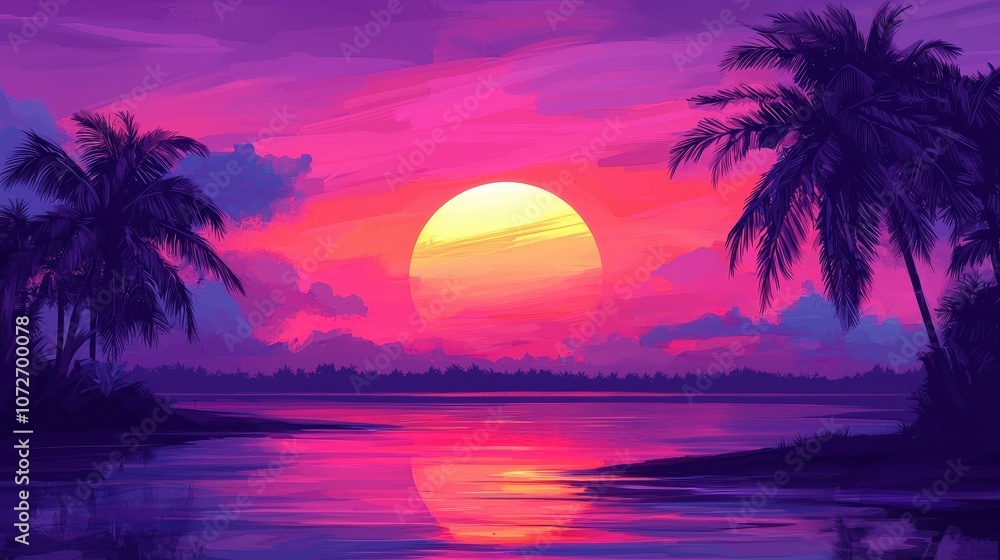 Naklejka premium Sunset Over Tropical Lagoon with Palm Trees and Pink Sky