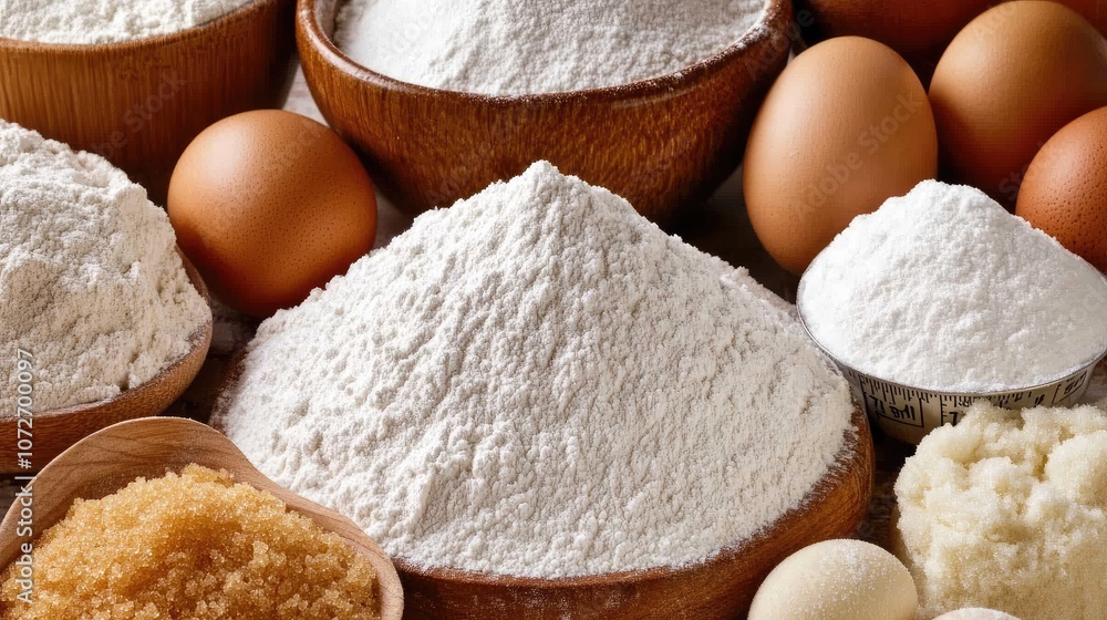 Display of Various Baking Ingredients Including Flour, Sugar, Eggs, and Other Essentials Arranged in Wooden Bowls on Light Wooden Surface Display of Various Baking Ingredients Including Flour, Sugar, Eggs, and Other Essentials Arranged in Wooden Bowls on Light Wooden Surface