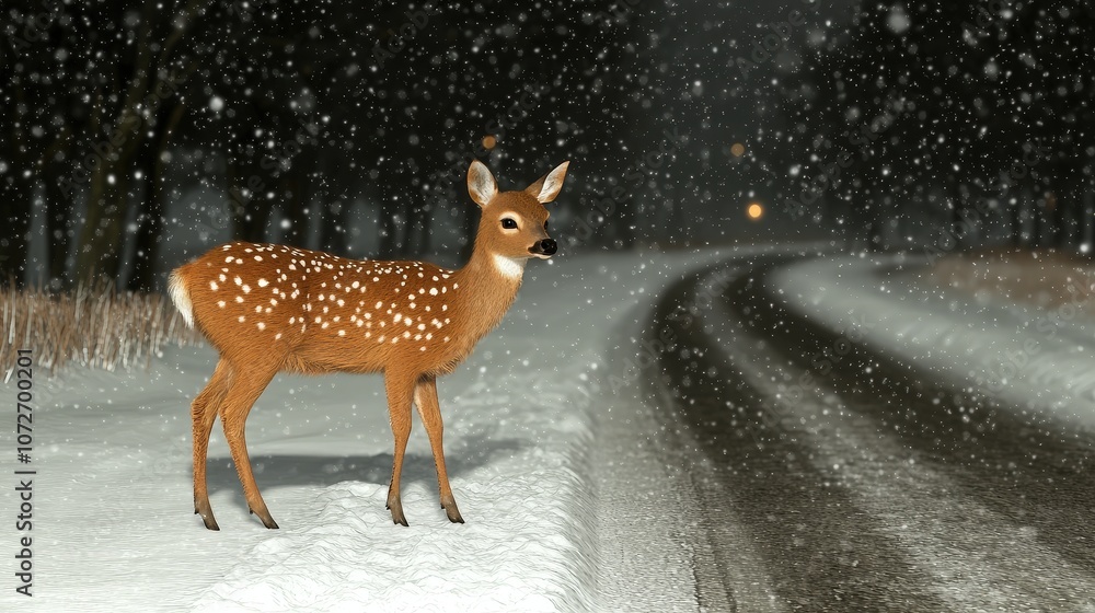 Fawn in Snowy Winter Forest at Night Road Wildlife Nature Fawn in Snowy Winter Forest at Night Road Wildlife Nature