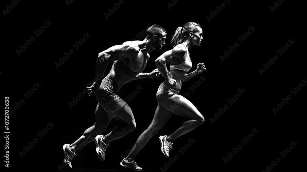 Illustrate a dynamic composition of an athletic woman and man, both in motion, with their torsos captured mid-exercise. The dramatic black background enhances their muscular definition, creating an Illustrate a dynamic composition of an athletic woman and man, both in motion, with their torsos captured mid-exercise. The dramatic black background enhances their muscular definition, creating an
