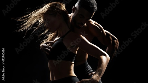 Illustrate a dynamic composition of an athletic woman and man, both in motion, with their torsos captured mid-exercise. The dramatic black background enhances their muscular definition, creating an photo