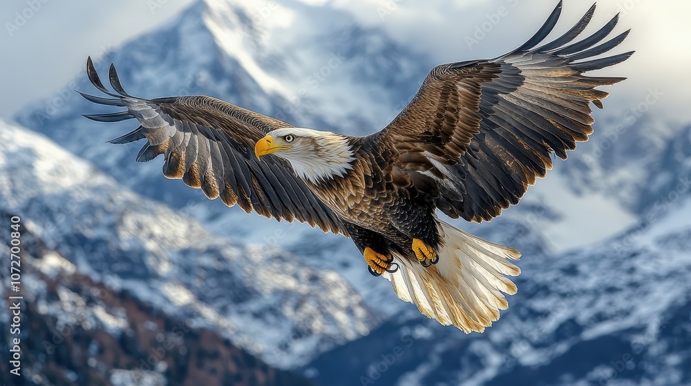 Fototapeta premium Cinematic Wildlife Photography of a Bald Eagle Soaring Over Snow-Capped Mountains with the Alps in the Background