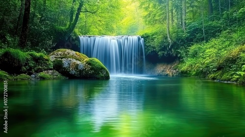 Serene Waterfall Cascading into Tranquil Green Pool Surrounded by Lush Forest and Sunlit Canopy Creating a Peaceful Natural Retreat