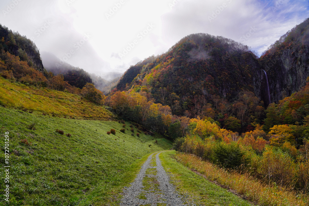 米子大瀑布の秋、紅葉と霧に包まれた滝の絶景