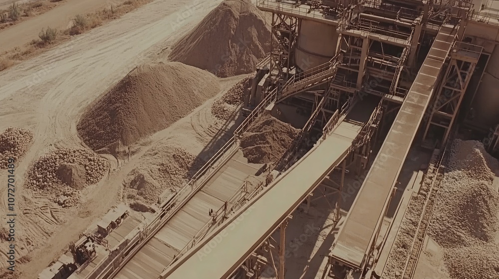 Obraz premium Aerial View of Industrial Sand and Gravel Processing Plant with Machinery and Stockpiles Amidst Natural Landscape in Bright Daylight