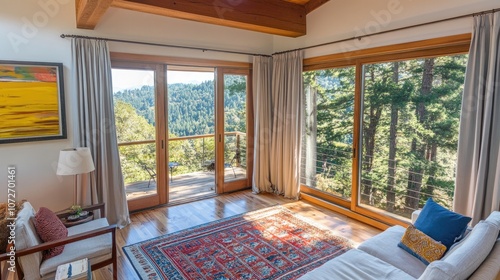 Cozy and Inviting Living Room with Stunning Forest View, Modern Decor, Natural Light, and Warm Color Palette for Relaxation and Comfort in Nature-Inspired Setting