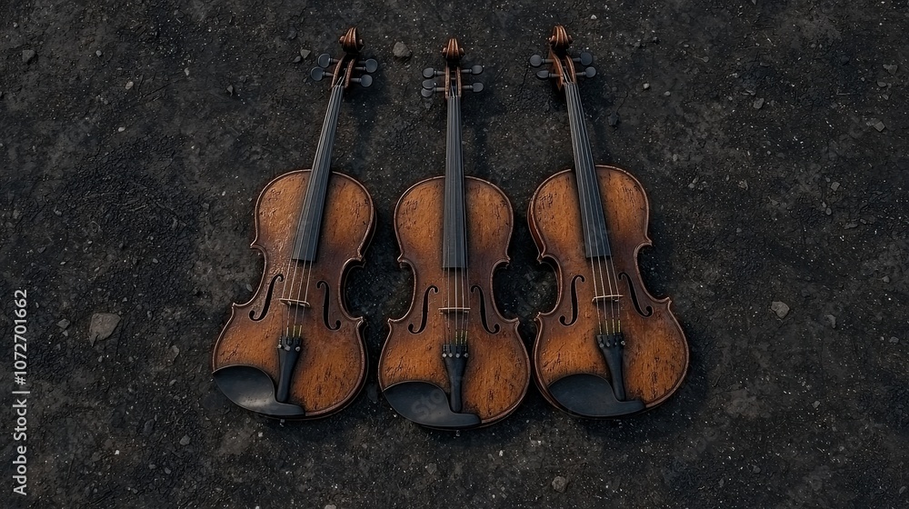 Naklejka premium Three Vintage Violins on Weathered Ground Rustic Music Instrument Trio