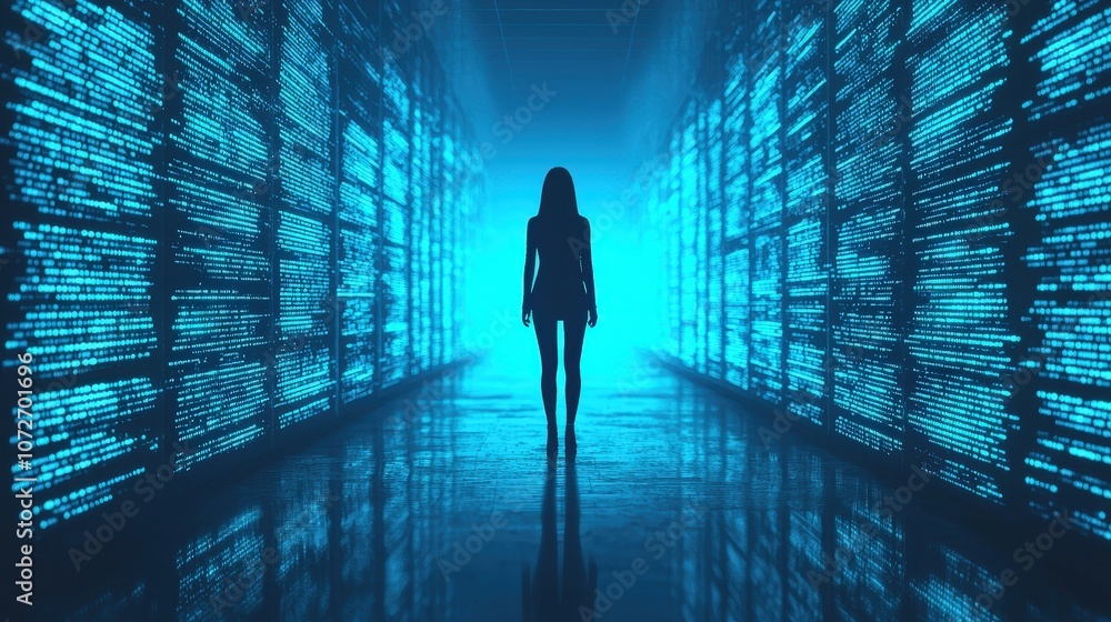 Woman Silhouette in Futuristic Digital Corridor with Blue Glowing Code