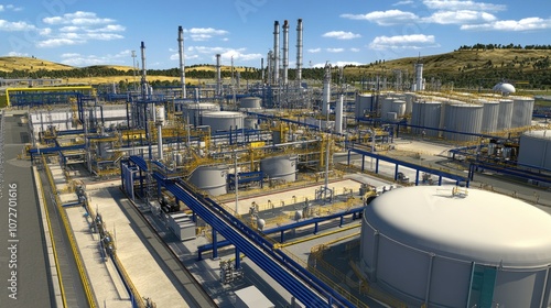 Aerial View of a Modern Industrial Oil Refinery Complex with Storage Tanks, Pipelines, and Smokestacks in a Scenic Landscape Under a Bright Blue Sky