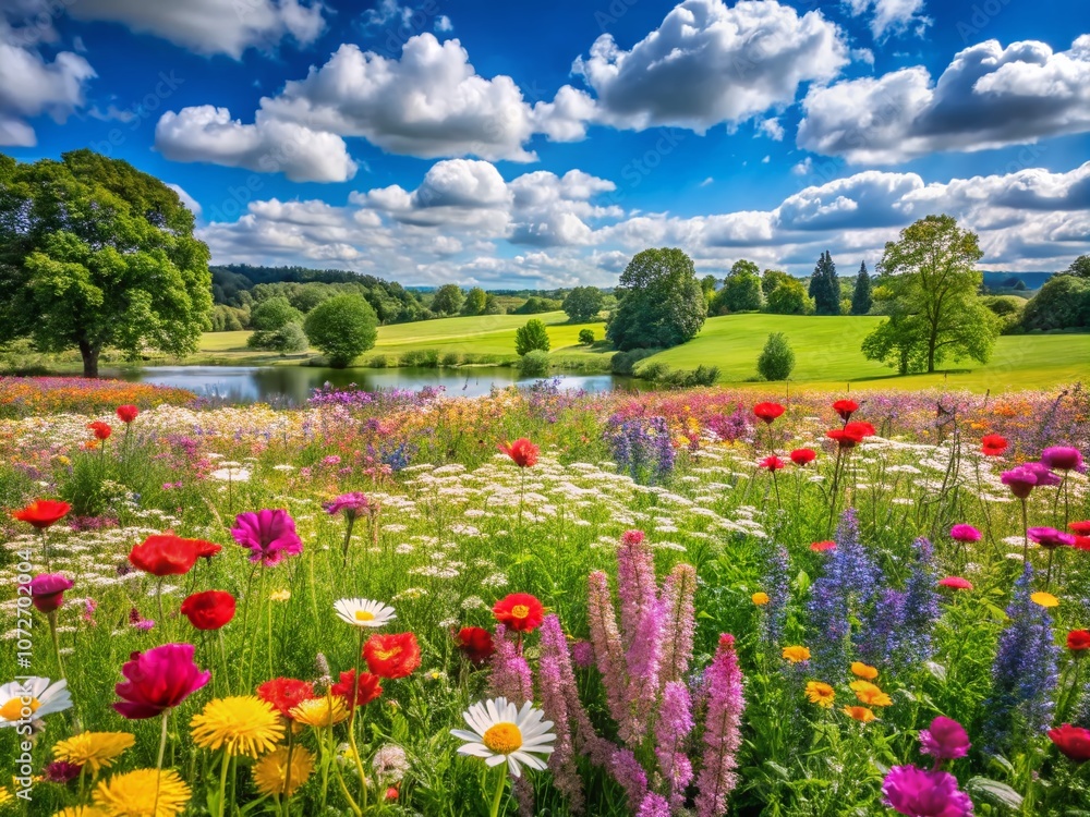 Colorful Wildflowers in Bloom on Lush Grass Outside Savill Garden, Egham, Surrey, UK – A Scenic Landscape with Ample Copy Space for Text Insertion Colorful Wildflowers in Bloom on Lush Grass Outside Savill Garden, Egham, Surrey, UK – A Scenic Landscape with Ample Copy Space for Text Insertion