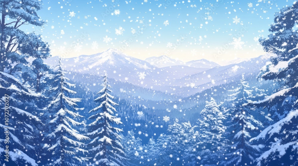 Obraz premium Serene Winter Landscape with Snow-Covered Pine Trees and Gentle Snowfall in Majestic Mountain Range under a Clear Blue Sky
