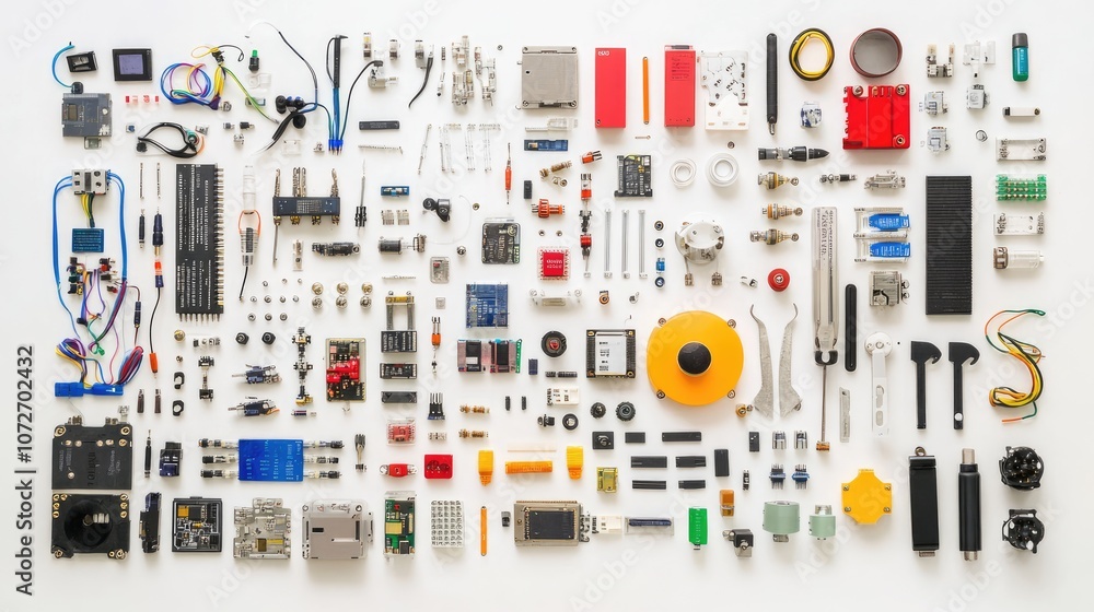 Fototapeta premium A Comprehensive Collection of Electronic Components and Hardware Arranged Neatly on a White Background for Engineering and Design Projects