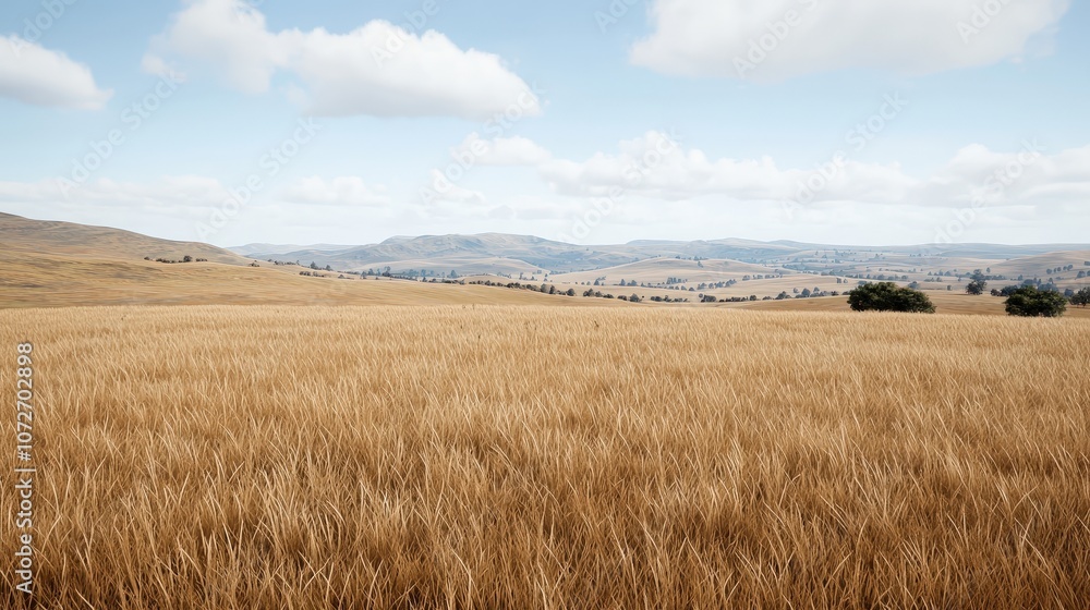 Golden Grass Field Landscape with Rolling Hills and Blue Sky Golden Grass Field Landscape with Rolling Hills and Blue Sky
