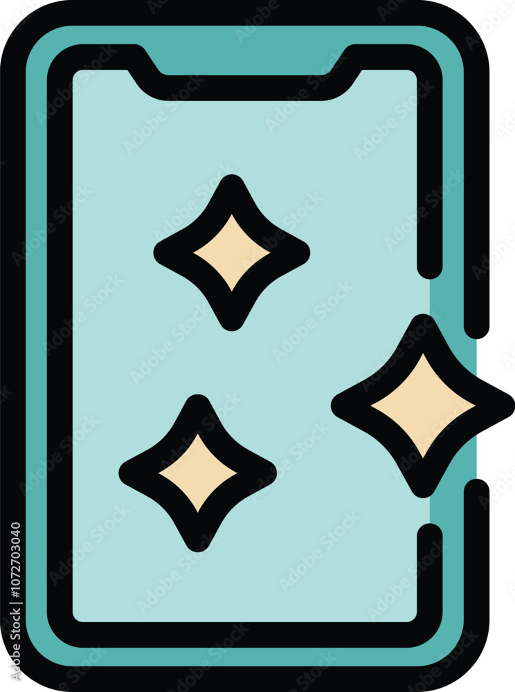 Smartphone display showing shining stars icon on blue background, in filled outline style Smartphone display showing shining stars icon on blue background, in filled outline style