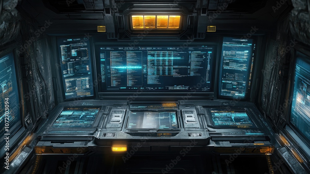 Futuristic Control Room with High-Tech Interface and Display Screens Showcasing Complex Data and Virtual Elements for Sci-Fi Environments and Gaming Experiences Futuristic Control Room with High-Tech Interface and Display Screens Showcasing Complex Data and Virtual Elements for Sci-Fi Environments and Gaming Experiences