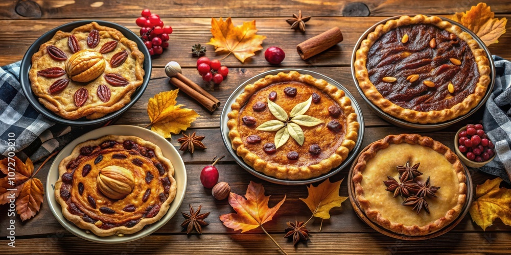 A rustic wooden table adorned with fall foliage, showcasing a delightful array of freshly baked pies, each featuring unique and enticing toppings. A rustic wooden table adorned with fall foliage, showcasing a delightful array of freshly baked pies, each featuring unique and enticing toppings.