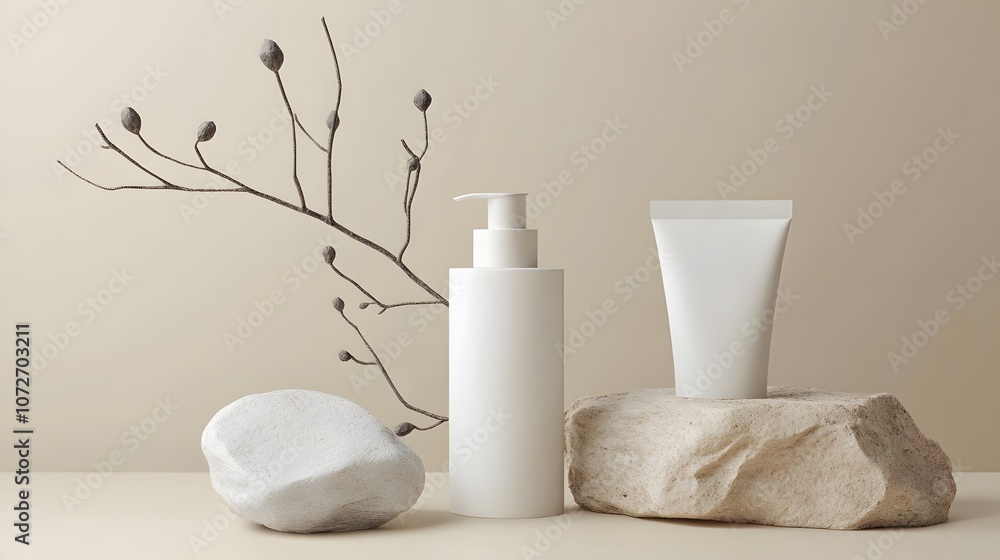 Design a mockup with a muted neutral background, featuring a minimalist arrangement of natural stones and branches. The front perspective should allow for plenty of copy space, conveying an elegant Design a mockup with a muted neutral background, featuring a minimalist arrangement of natural stones and branches. The front perspective should allow for plenty of copy space, conveying an elegant