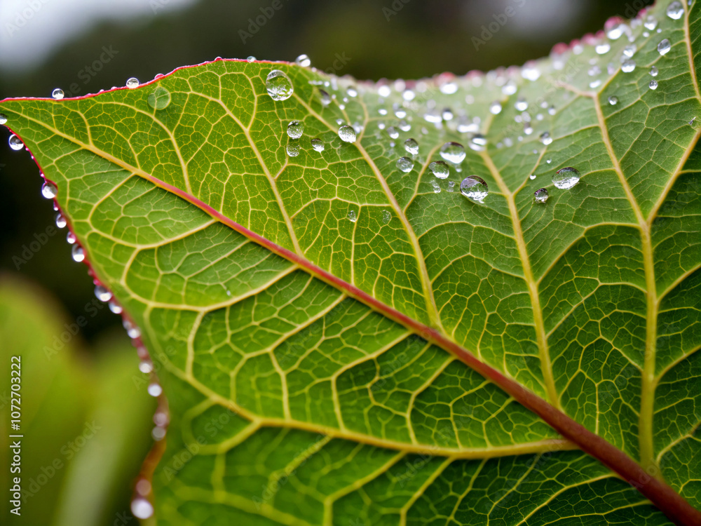 Fototapeta premium water drops on leaf. leaf, plant, macro, nature, texture, tree, vein, abstract, close-up, closeup, pattern, detail, structure, botany, leaves, foliage, green, flora, close, light, organic, color, vein