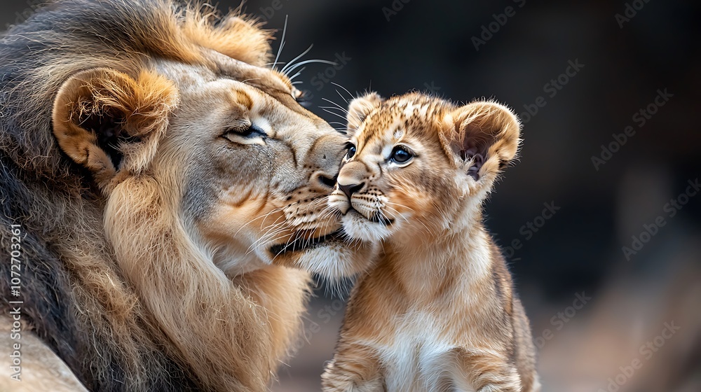Fototapeta premium Against the contrast of a dark backdrop, a lion cub playfully nuzzles its mothers face while she affectionately licks and cleans its fur