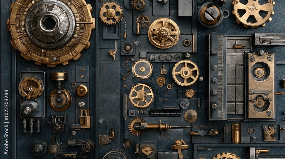Intricate Steampunk Background Featuring an Array of Brass Gears, Clockwork Mechanisms, and Vintage Industrial Components for Creative Projects Intricate Steampunk Background Featuring an Array of Brass Gears, Clockwork Mechanisms, and Vintage Industrial Components for Creative Projects