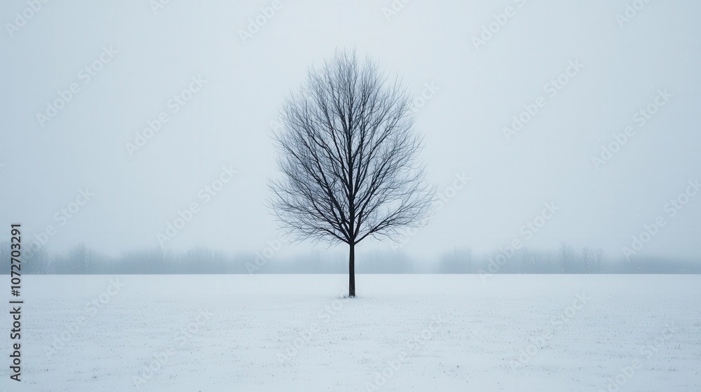 Fototapeta premium Lonely Tree in Winter Snow Field Minimalist Landscape