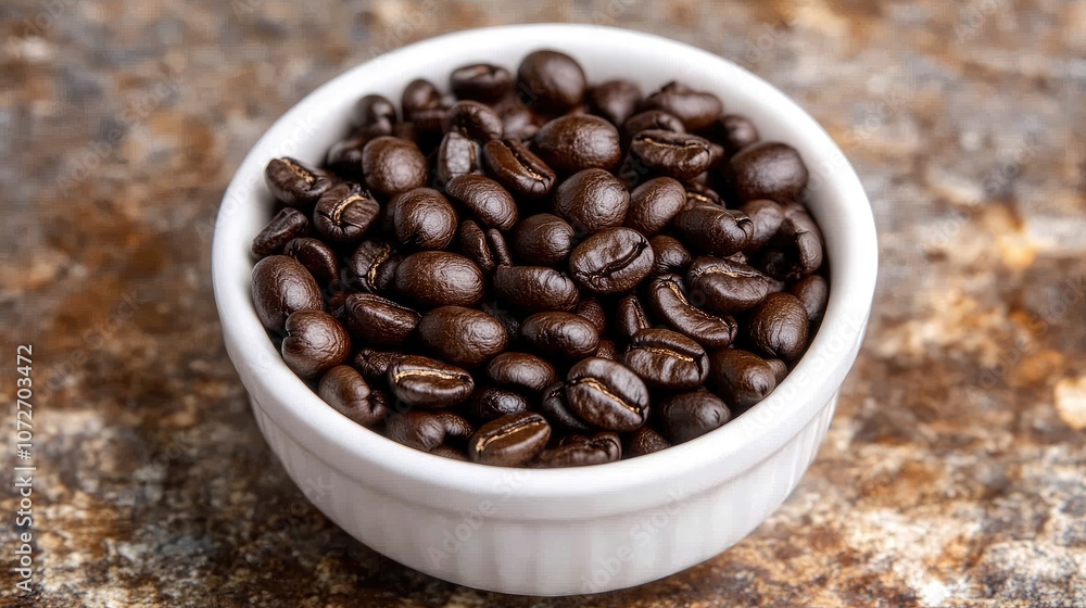 Fototapeta premium Freshly Roasted Coffee Beans in White Bowl on Rustic Surface Ideal for Coffee Lovers, Food Enthusiasts, and Culinary Applications