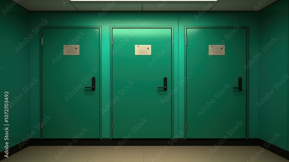 Three Green Doors in a Hallway Abandoned School Interior Architecture Minimalist Desig Three Green Doors in a Hallway Abandoned School Interior Architecture Minimalist Desig