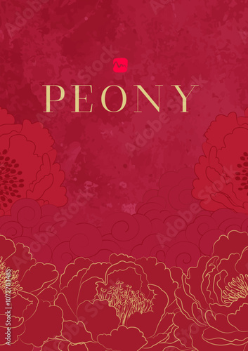 Chinese style poster with golden linear peonies and linear clouds