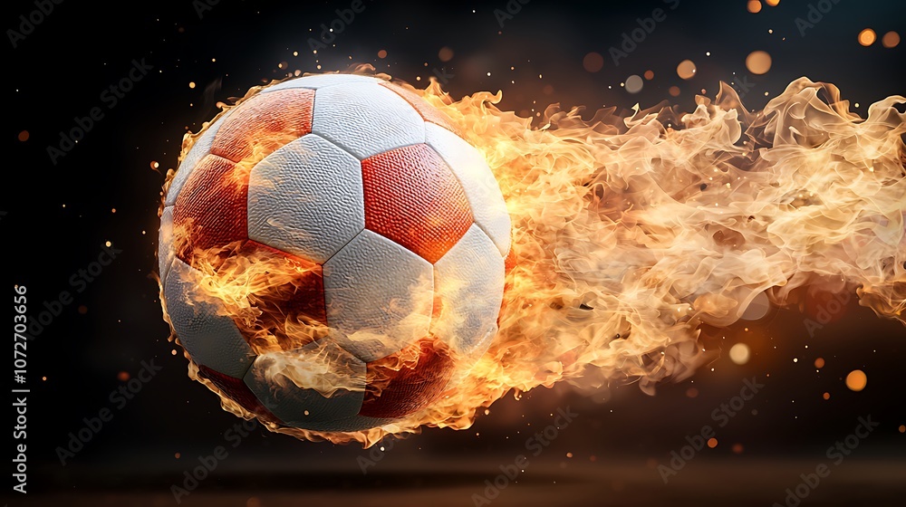 Fototapeta premium The dynamic soccer ball is engulfed in bright orange and red flames, creating a striking contrast against the darkness of the background
