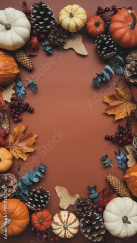 Circular autumn arrangement with pumpkins, pinecones, and leaves