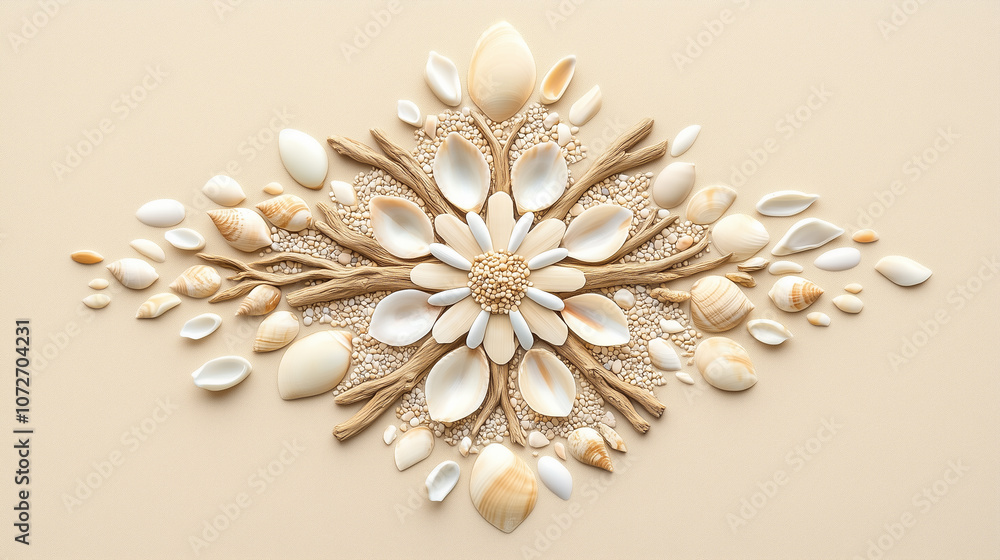 A detailed arrangement of seashells forming a beautiful flower surrounded by delicate branches and sand elements A detailed arrangement of seashells forming a beautiful flower surrounded by delicate branches and sand elements