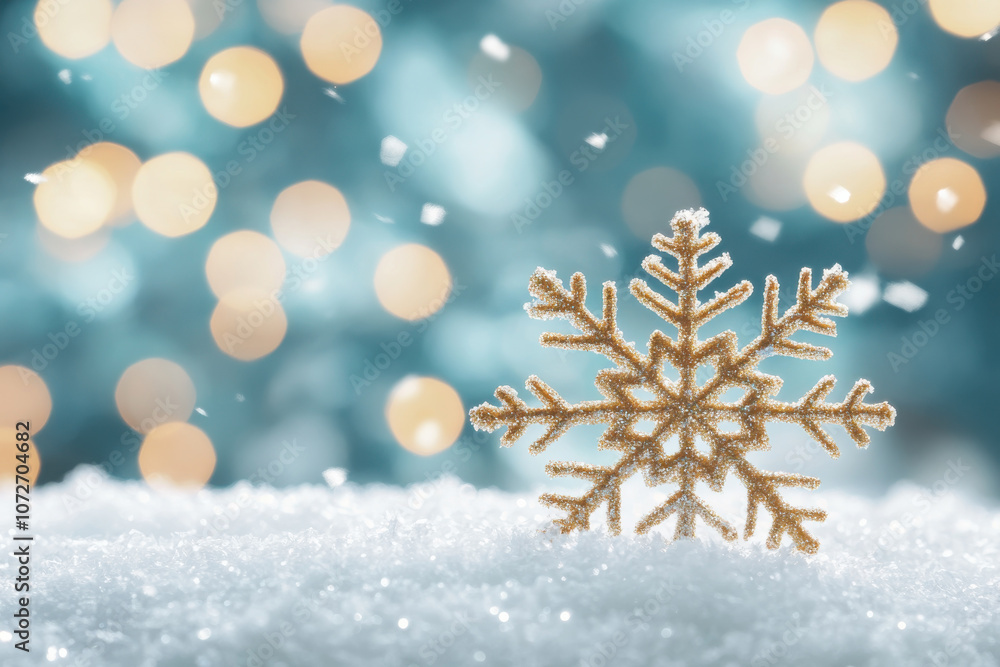 beautiful snowflake decoration on snowy surface with blurred background of festive lights, creating magical winter atmosphere beautiful snowflake decoration on snowy surface with blurred background of festive lights, creating magical winter atmosphere