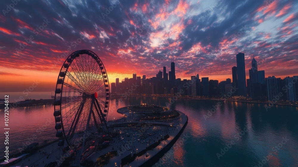 Obraz premium Chicago Skyline Sunset with Ferris Wheel