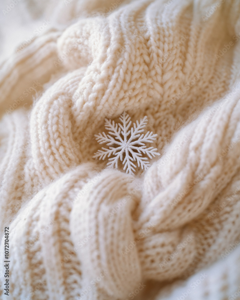 White snowflake ornament resting on a cozy knit cream blanket for winter decor White snowflake ornament resting on a cozy knit cream blanket for winter decor