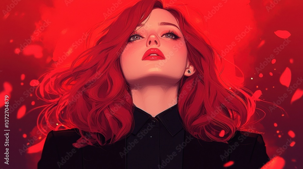 Red Hair Woman Digital Art Portrait Sparkles Red Background Red Hair Woman Digital Art Portrait Sparkles Red Background