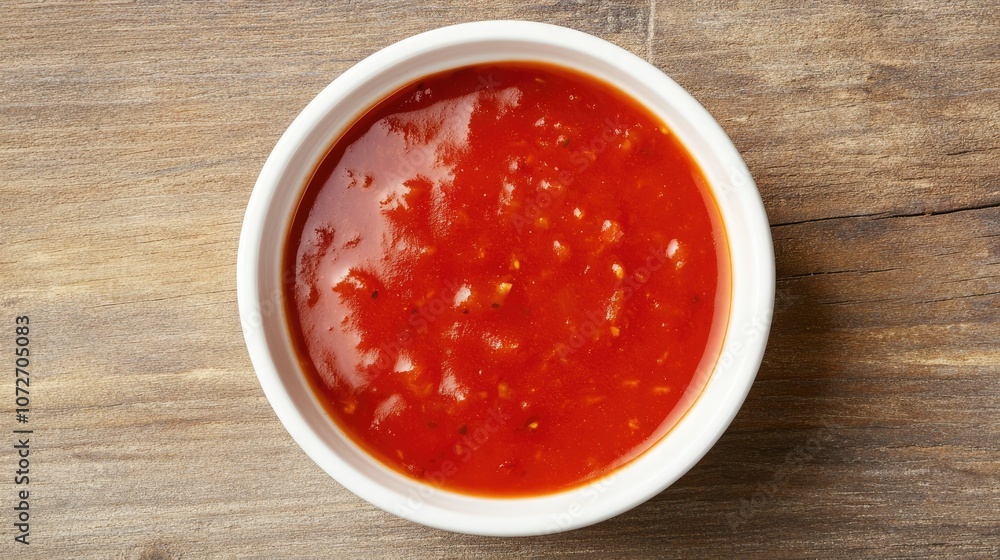 Rich and Flavorful Red Tomato Sauce in a White Bowl on Wooden Surface, Ideal for Pasta Dishes, Dips, and Culinary Creations for Food Photography Needs Rich and Flavorful Red Tomato Sauce in a White Bowl on Wooden Surface, Ideal for Pasta Dishes, Dips, and Culinary Creations for Food Photography Needs