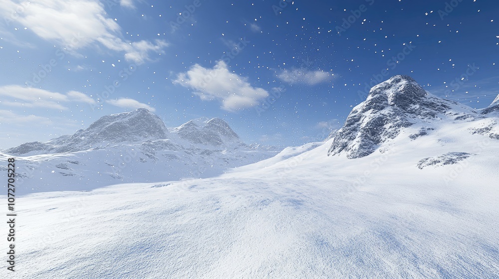 Stunning Winter Landscape with Snow-Covered Mountains, Clear Blue Sky, and Gentle Snowfall Creating a Serene and Peaceful Atmosphere in a Remote Wilderness Setting