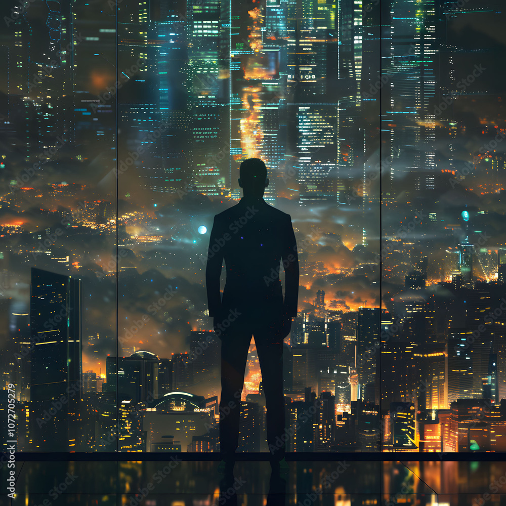 Fototapeta premium Businessman in a suit stands at a high-rise window, overlooking a futuristic cityscape filled with lights and skyscrapers, with a digital overlay. Concept of ambition and technology