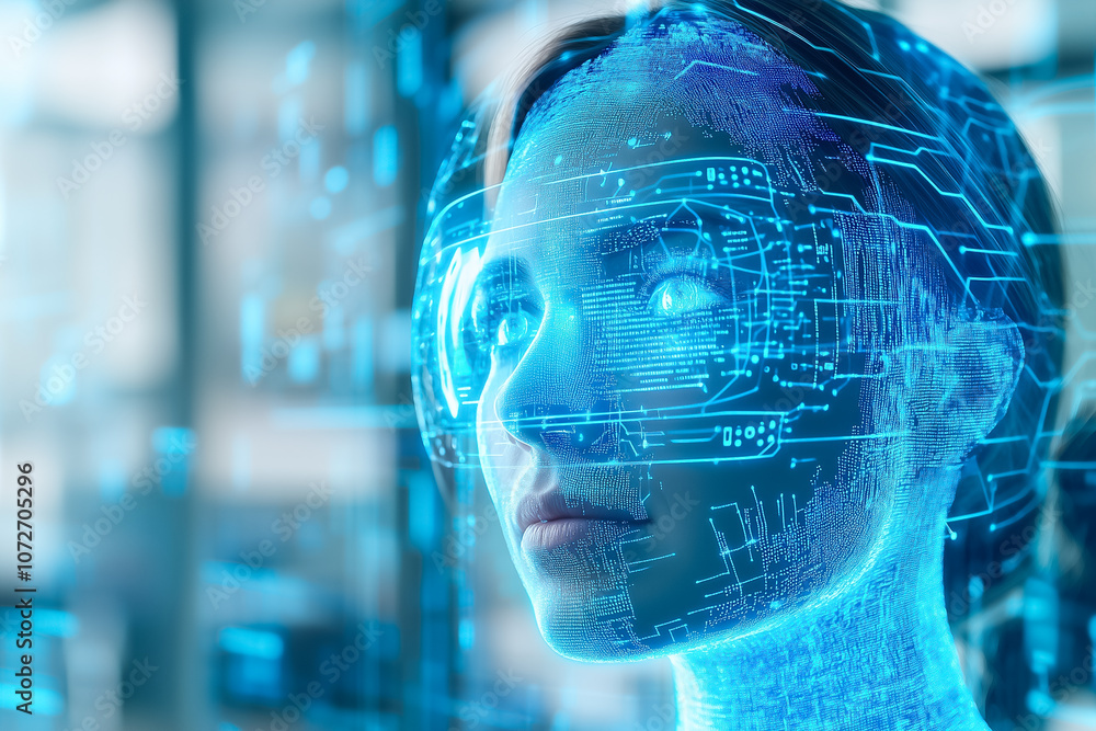A woman explores cutting-edge technology, her face illuminated by glowing digital graphics and information A woman explores cutting-edge technology, her face illuminated by glowing digital graphics and information