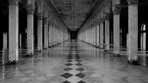 Abandoned Factory Hallway with Columns and Diamond Pattern Floor