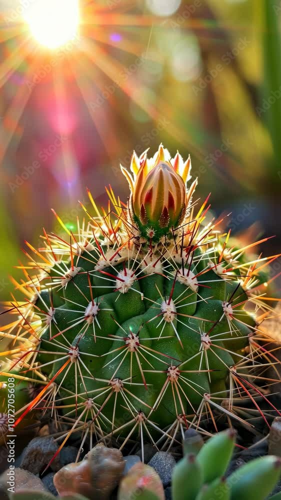 Cactus with blooming flower under sunlight, vibrant nature close-up. Desert flora and beauty concept Cactus with blooming flower under sunlight, vibrant nature close-up. Desert flora and beauty concept