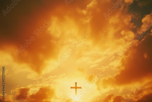 A silhouetted cross set against a glowing sky with soft clouds and radiant sunlight, creating a serene and spiritual atmosphere that symbolizes faith and peace..