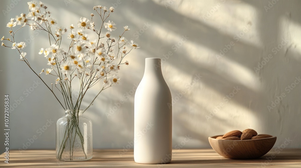 White Vase with Flowers and Almonds on a Wooden Table White Vase with Flowers and Almonds on a Wooden Table