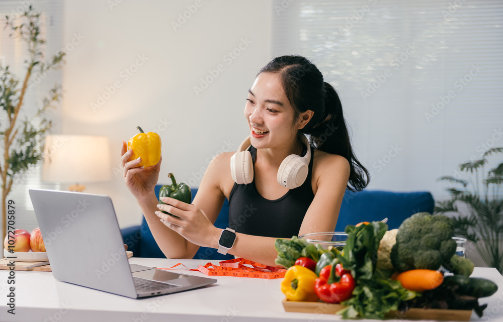 Young nutritionist showing bell peppers during an online video call consulting about healthy eating, sitting at home at a table with vegetables, laptop and measuring tape Young nutritionist showing bell peppers during an online video call consulting about healthy eating, sitting at home at a table with vegetables, laptop and measuring tape