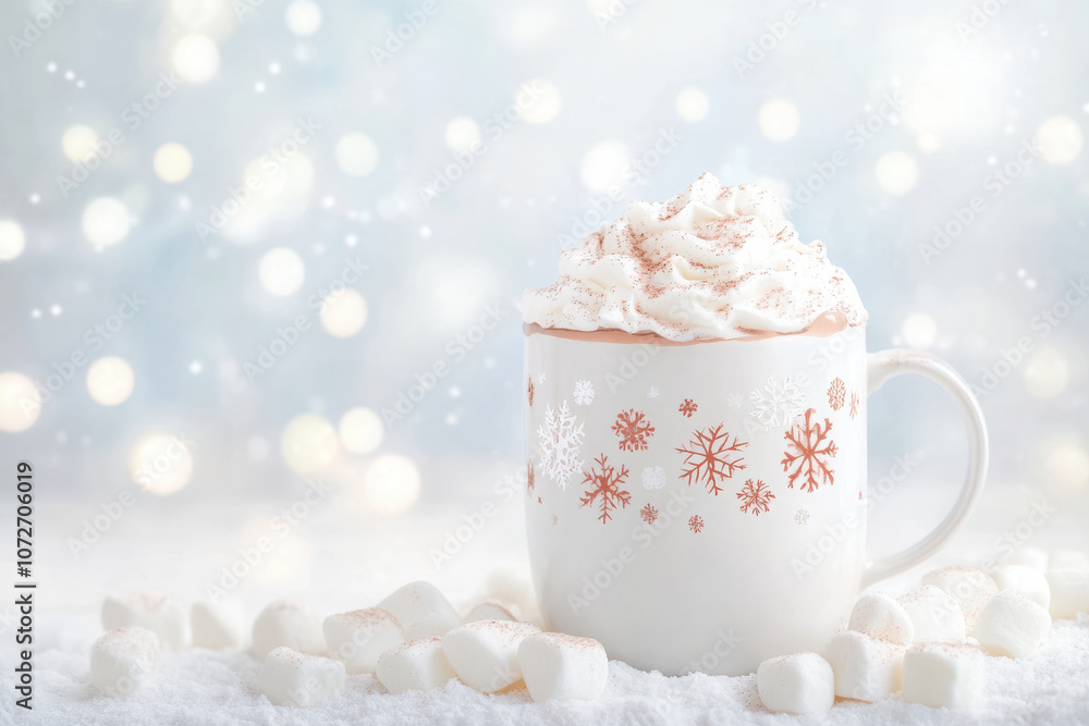 Warm and cozy hot chocolate topped with whipped cream and marshmallows, perfect for winter. festive mug adds cheerful touch to snowy background Warm and cozy hot chocolate topped with whipped cream and marshmallows, perfect for winter. festive mug adds cheerful touch to snowy background