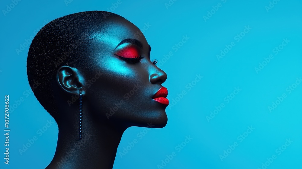 Black Woman with Red Lipstick and Blue Background Portrait Beauty Fashion Black Woman with Red Lipstick and Blue Background Portrait Beauty Fashion